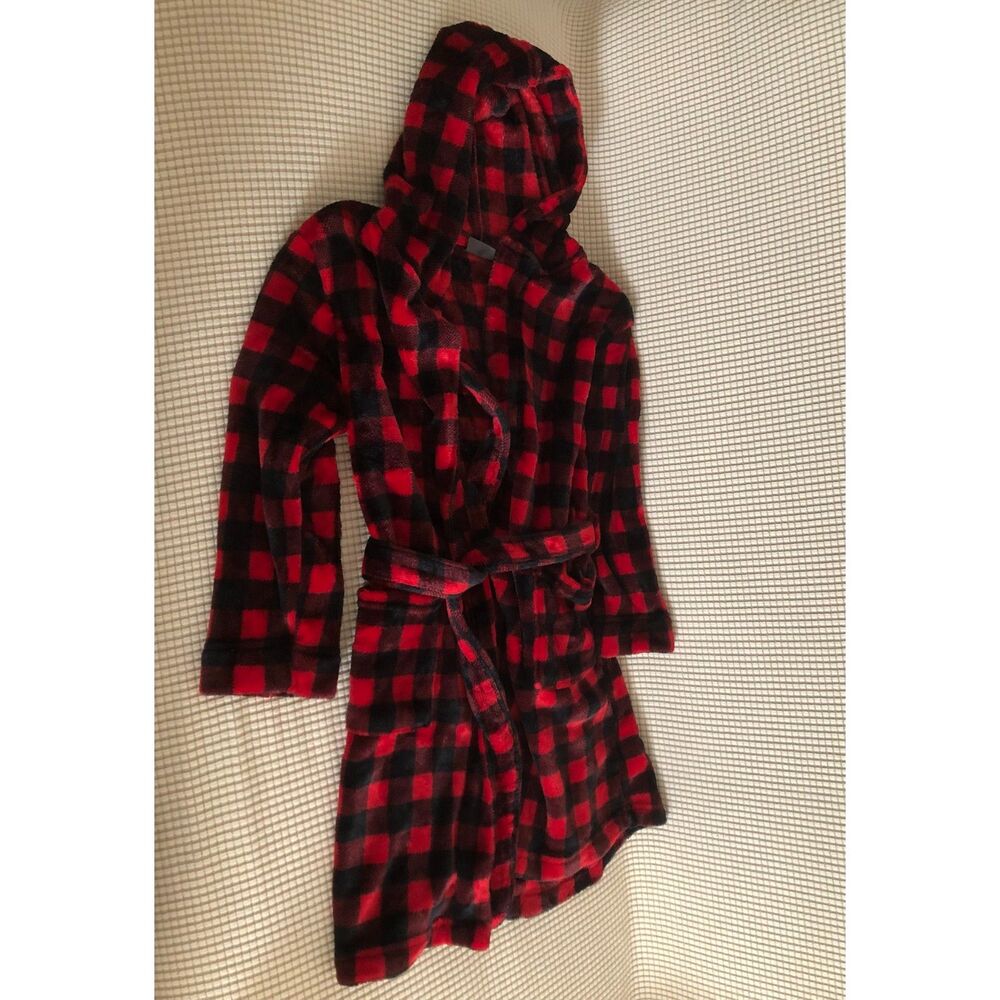Eddie Bauer Kids Hooded Fleece Robe Size S 7/8 Red Black Buffalo Plaid